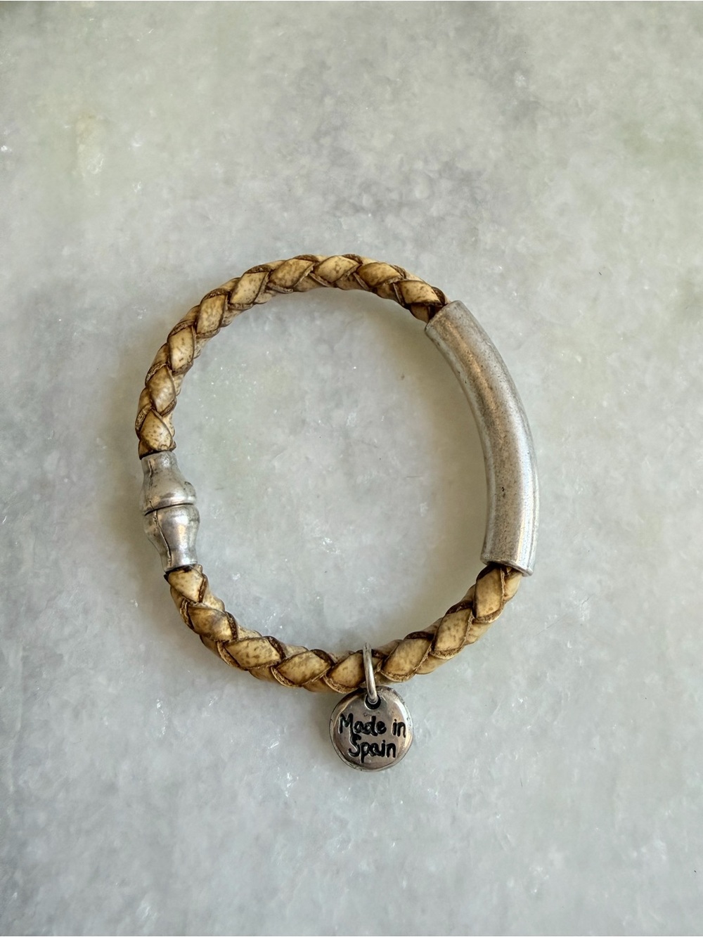 Braided Beige Leather Bracelet with Silver Accent - Made in Spain